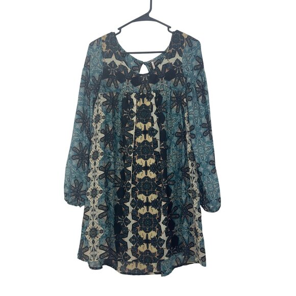 Free People Women SZ XS Boho Long Sleeve Printed Tunic Dress In Blue & Cream - Picture 1 of 14
